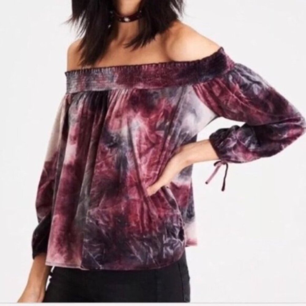 American Eagle Off-Shoulder Top Blouse Velour Velvet Tie Dye size M Whimsigoth